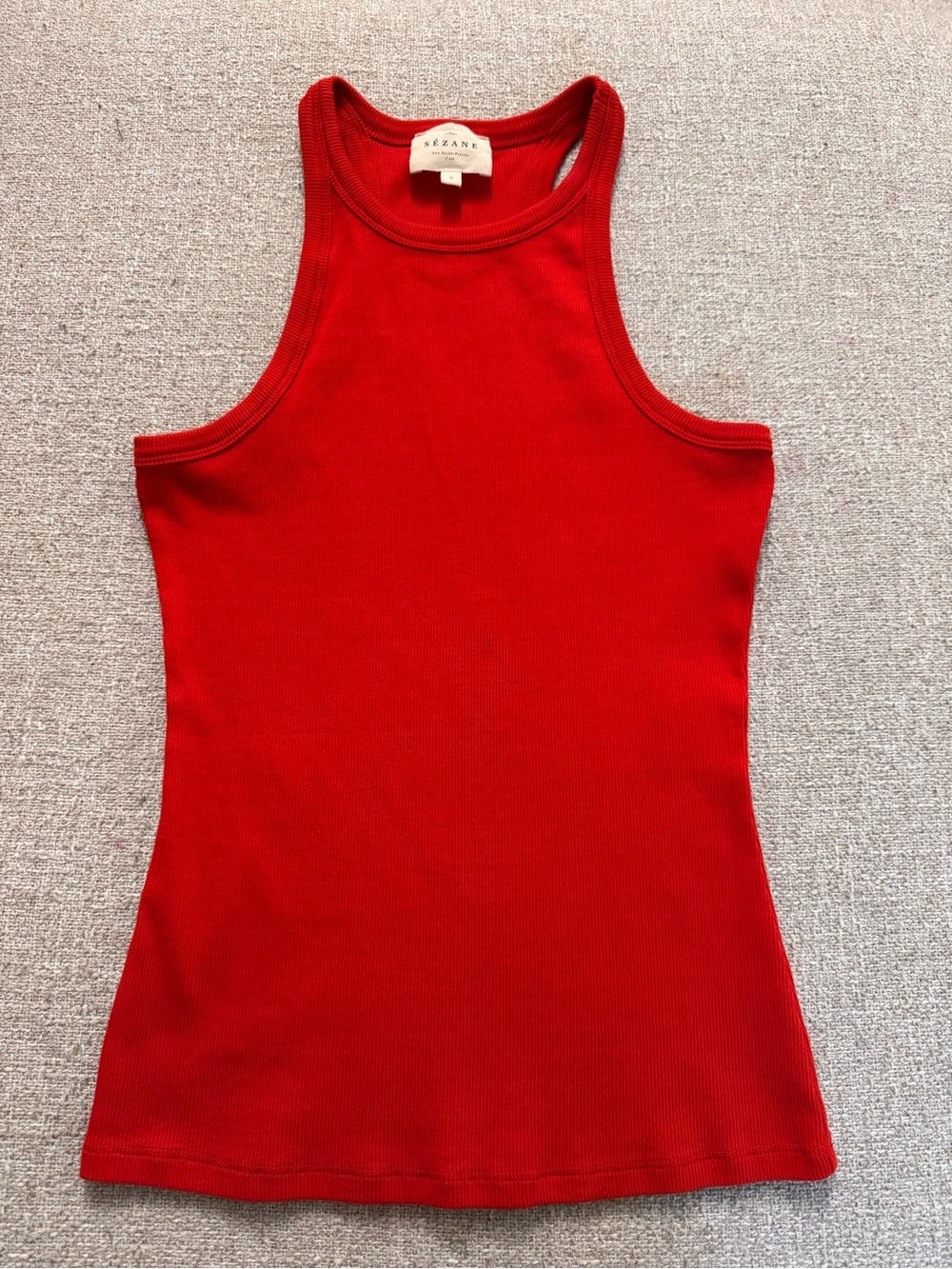 Sézane Red Ribbed Tank Top – Fitted Sleeveless Cotton